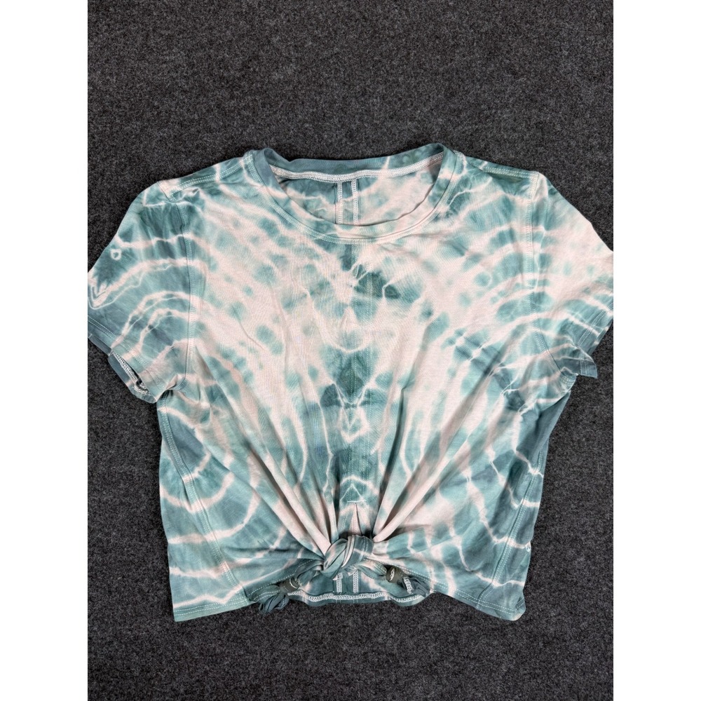 Lululemon All Sport Tie Front Shirt Size 6 CUSTOM Tie Dye Teal Cotton OOAK Yoga - Picture 2 of 7